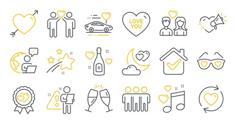 Set of Love icons, such as Love night, Update relationships, Love music symbols. Champagne glasses, Friendship, Honeymoon travel signs. Friends couple line icons. Line icons set. Vector