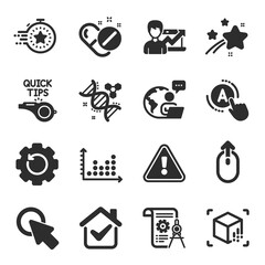 Set of Science icons, such as Augmented reality, Success business, Click here symbols. Dot plot, Tutorials, Ab testing signs. Timer, Chemistry dna, Medical pills. Divider document. Vector