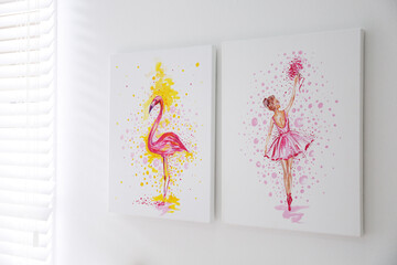 Beautiful pictures of flamingo and ballerina on light wall. Decoration for interior design
