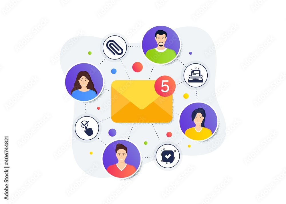 Poster typewriter, checkbox and paper clip icons simple set. teamwork messages banner. employee remote work