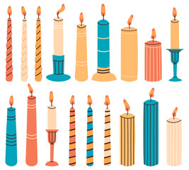 Wax burning candles. Hand drawn decorative element, aromatherapy burning colorful candles. Holiday decorative candles vector illustration set for home relaxation. Holders and candlesticks
