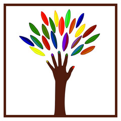 Female hand stylized as a tree with leaves. Logo. Vector stock illustration eps10.
