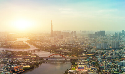 aerial view of Ho Chi Minh city, Vietnam. Beauty skyscrapers along river light smooth down urban development in Ho Chi Minh City, Vietnam