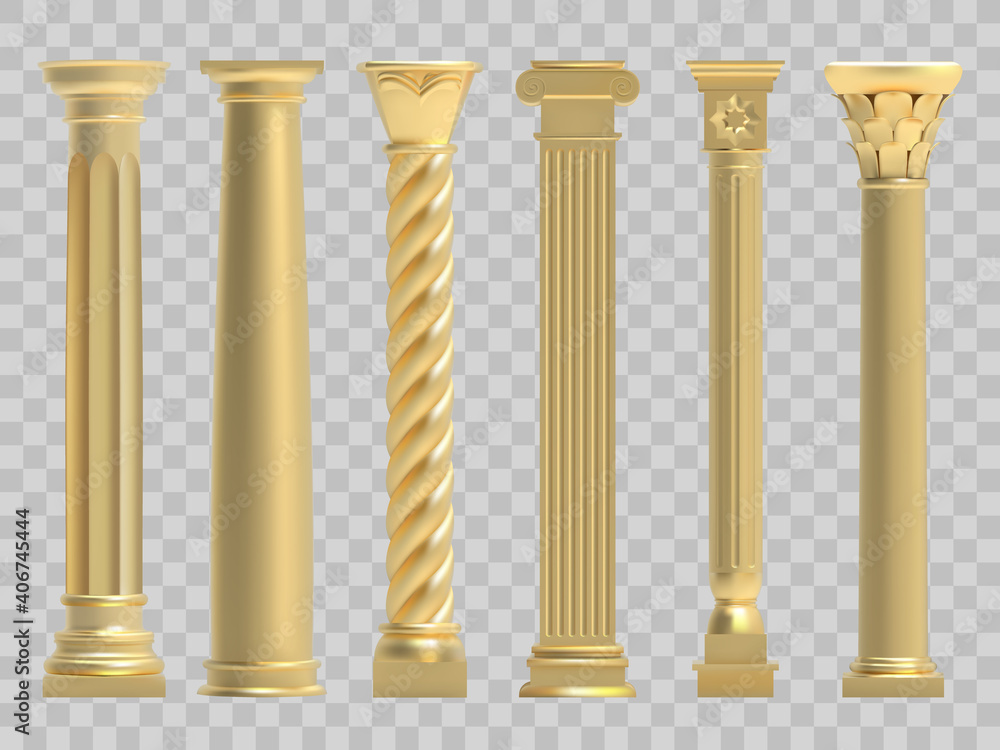 Wall mural ancient columns. realistic golden greek ancient column, classic historic columns. antique architectu