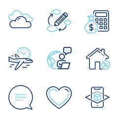 Line icons set. Included icon as Text message, Cloudy weather, Flight time signs. Keywords, Finance calculator, Augmented reality symbols. Loan house, Heart line icons. Line icons set. Vector