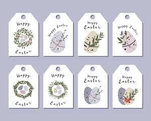 Set of 8 Easter tags. Cute easter egg, nest, branch and leaves. Eco decoration. Vector flat cartoon illustration. Perfect for poster, print, card, invitation, greeting, tag