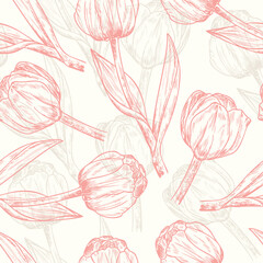 Vector Spring flowers. Flower tulip. Floral seamless pattern. Vintage background with Hand Drawn Tulips. Ink pen drawing

