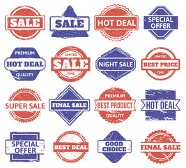 Obraz premium Sale rubber stamp. Vintage shopping discount badges, grunge texture sale, quality product stamps. Rubber distressed texture stamps vector illustration set. Hot deal, night sale and best price text