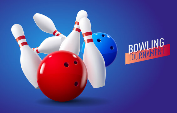 Realistic bowling balls and pins. Bowling tournament banner