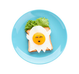 Halloween themed breakfast isolated on white, top view. Tasty toast with fried egg in shape of ghost