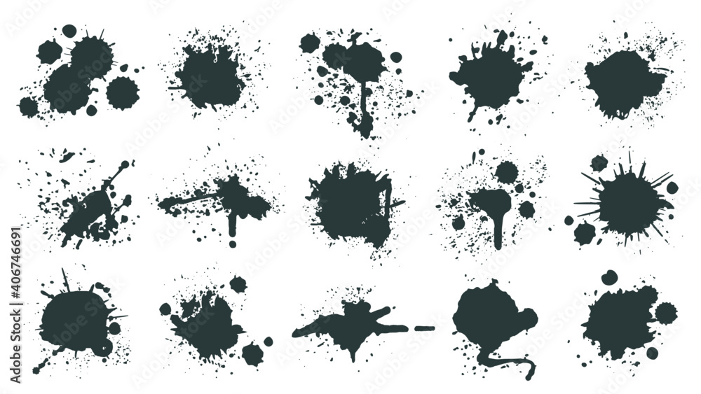Poster ink drops. paint splash, grunge liquid drop splashes, abstract artistic ink splatter. black ink spla