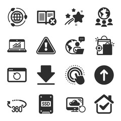 Set of Technology icons, such as Recovery cloud, Ssd, Eco energy symbols. Recovery internet, 360 degrees, Global business signs. Downloading, Seo shopping, Reject book. Click hand. Vector