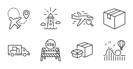 Parcel, Truck transport and Airplane line icons set. Roller coaster, Lighthouse and Packing boxes signs. Search flight, Usa close borders symbols. Shipping box, Delivery, Plane. Vector