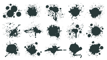 Ink drops. Paint splash, grunge liquid drop splashes, abstract artistic ink splatter. Black ink splashes vector illustration set. Isolated spray elements or blobs of different form on white