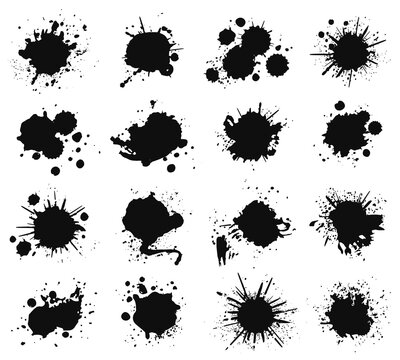 Ink splashes and drops. Grunge ink splatter, liquid drip splash, black blots and splashes. Artistic ink spots vector illustration set. Liquid spray collection, dye paintbrush elements