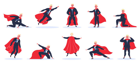 Businessman superhero. Office worker in action superhero poses, superhero male character in red cloak. Powerful businessman vector illustration set. Employee or super man in costume flying © WinWin