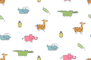 Seamless pattern, childish African animals illustration. Cute crocodile, funny giraffe on white. Cartoon character. Baby scandinavian vector pattern. Hand drawn illustratin for kids fabric, textile © svitlananiko
