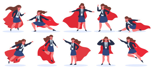 Businesswoman superhero. Female superhero character in superhero action poses in red cloak. Super hero powerful lady vector illustration set. Office manager in costume, leadership concept © WinWin