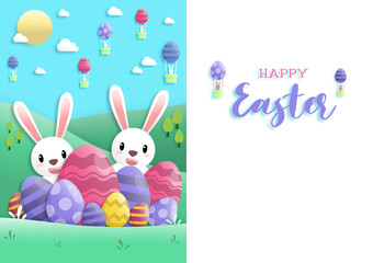 Happy easter day in paper art style with rabbit and easter eggs. greeting card, posters and wallpaper. Vector illustration.
