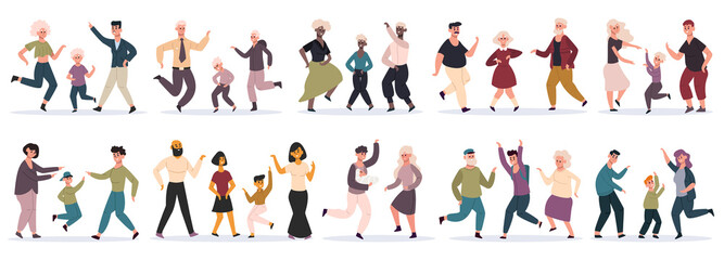 Happy dancing families. Parents dancing with children, mom, dad and kids having fun together, party at home. Family celebrating vector illustration set. Multicultural mother, father and babies