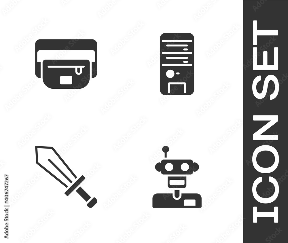 Aufkleber set robot, waist bag of banana, sword for game and computer icon. vector.