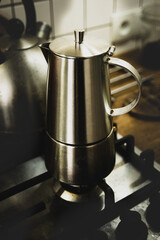 A steel coffee maker ready to work
