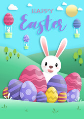 Happy easter day in paper art style with rabbit and easter eggs. greeting card, posters and wallpaper. Vector illustration.