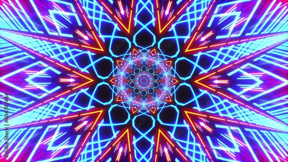 Poster 4k 3d rendering abstract blue red light mandala loop rotating background in motion backdrop use. loo