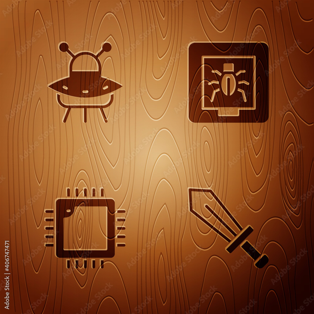 Poster set sword for game, ufo flying spaceship, processor with cpu and insects frame on wooden background.