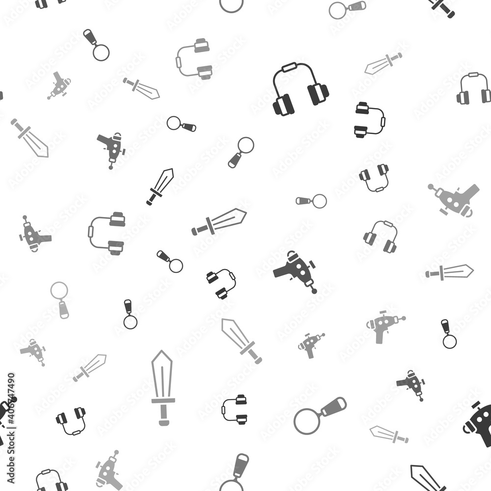 Poster Set Headphones, Magnifying glass, Ray gun and Sword for game on seamless pattern. Vector.