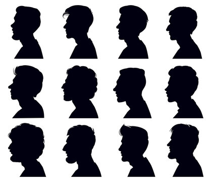 Male profile face silhouette. Adult men anonymous characters shadow portraits. Men heads black outline silhouettes vector illustration set. Guys with different hairstyle and beard isolated