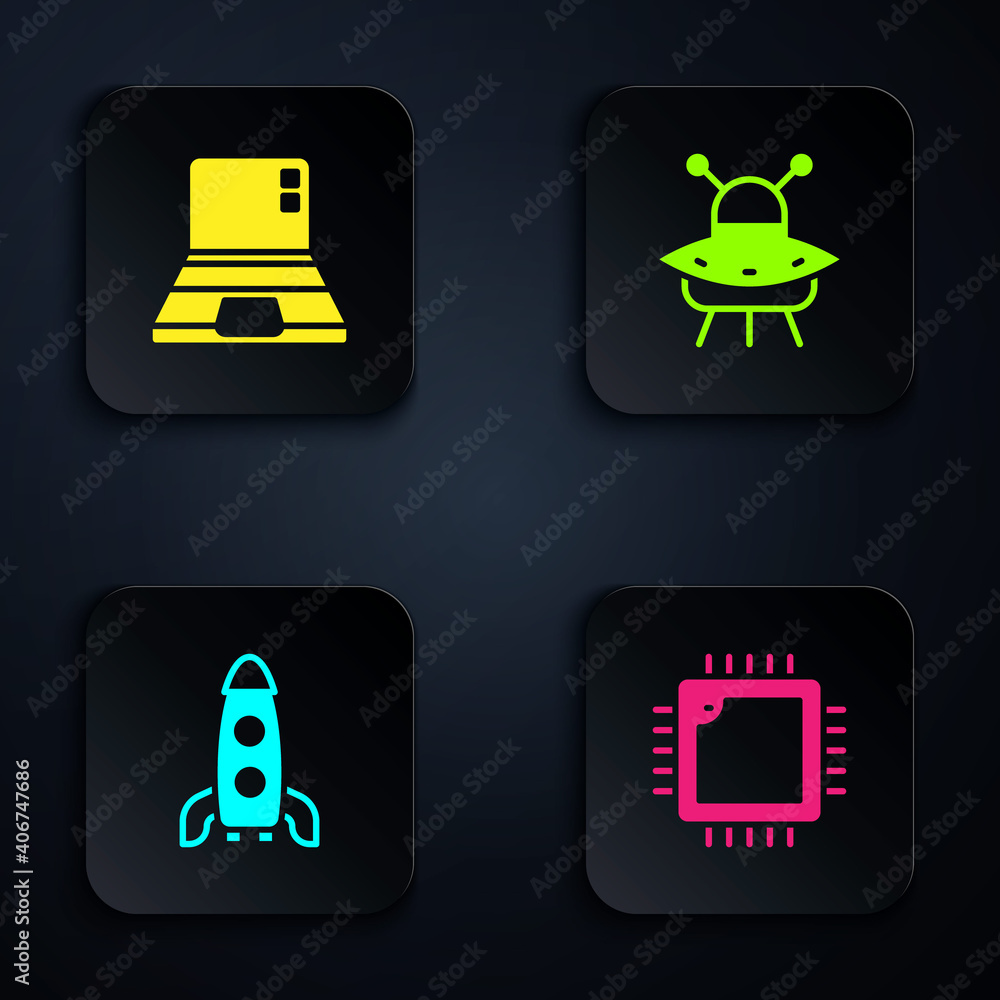 Poster set processor with cpu, laptop, rocket ship and ufo flying spaceship. black square button. vector.