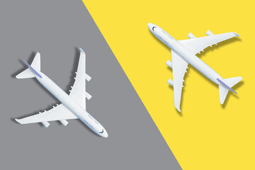 Naklejka na ściany i meble Air travelling concept airplane on background, banner, copy space Trendy colors 2021 - Gray and Yellow. 3d rendering