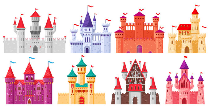 Cartoon medieval castles. Fairytale medieval towers, historical royal kingdom castles. Ancient fortress castles cartoon vector illustration set. Old citadel with gothic architecture