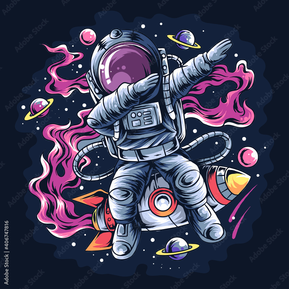 Wall mural astronaut dabbing style on a space rocket with the stars and planets