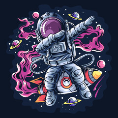 astronaut dabbing style on a space rocket with the stars and planets - obrazy, fototapety, plakaty