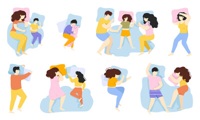 Sleeping people. Man, woman and child sleep pose, male and female characters healthy night sleep in bed. People sleeping poses vector illustration set. Family members having rest during bedtime