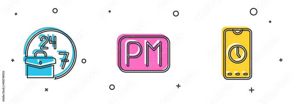 Aufkleber set always busy, day time and alarm clock app mobile icon. vector.