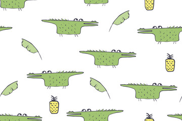 Seamless pattern, childish African animals illustration. Cute crocodile, funny alligator on white. Cartoon character. Baby scandinavian vector pattern. Hand drawn illustratin for kids fabric, textile