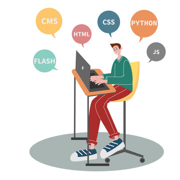 Casual weared young IT specialist or student with laptop at his workplace. Colorful clouds with programming codes. Character vector illustration.
