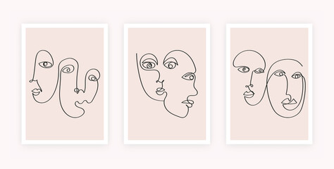 Set of abstract woman faces continuous line art. Minimalist portraits cubism style for print, card, poster. Trendy vector illustration