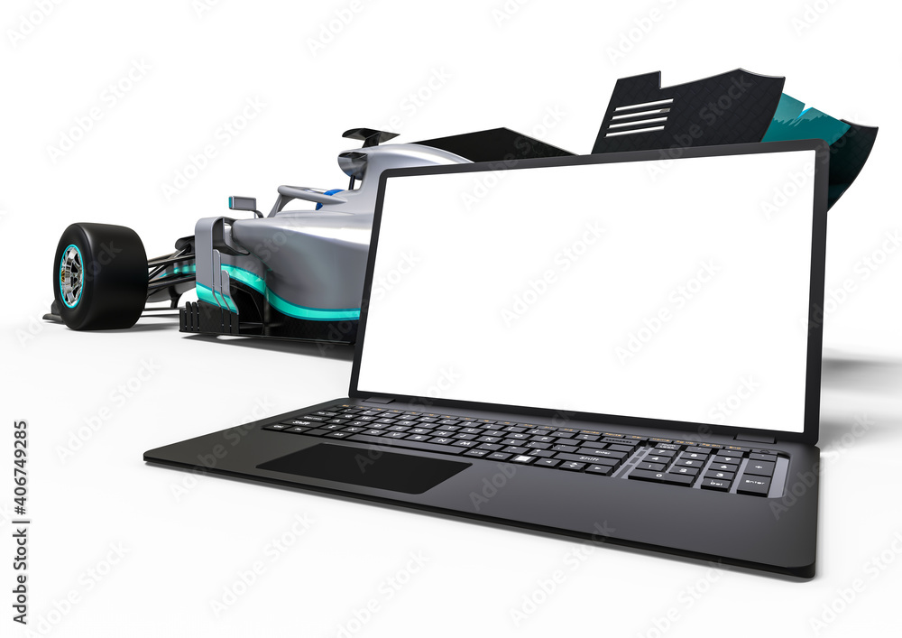 Poster 3d render image representing computer aided design of a race car