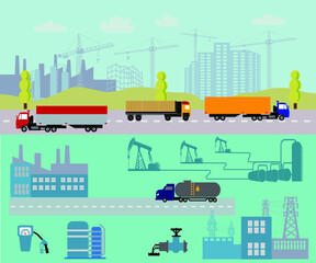 Oil industry Horizontal Banners with Flat Icons extraction refinery and transportation oil and petrol with gas station, rig and barrels. Vector illustration.