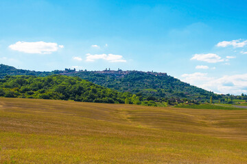 Fototapeta na wymiar The late summer landscape around Montalcino in Siena Province, Tuscany, Italy. The town of Montalcino can be seen on the hill in the background 