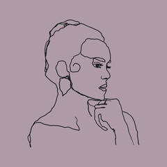 Abstract one line woman portrait. Continuous contemporary minimal design, hand drawn female face for tattoo, print. Vector art.