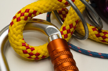 Close up Macro of climbing rope and equipment 