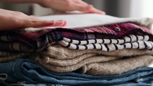 Stack clothing for sorting and baggage packing. Clothes for donation or shopping concept. Folding clothing storage and minimalism things. Environmentally Friendly Consumption.