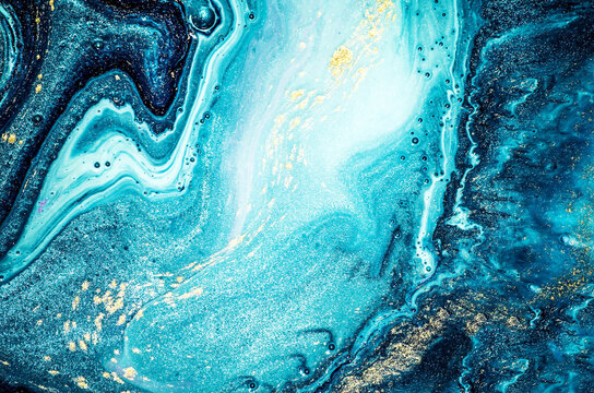 Abstract Ocean ART. Natural Luxury. The Style Includes Swirls Of Marble Or Ripples Of Agate. Very Beautiful Blue Paint With The Addition Of Gold Powder