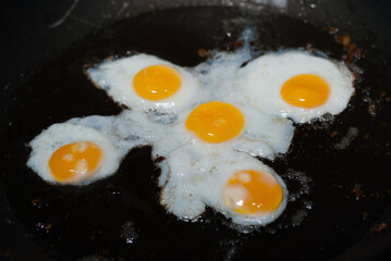 fried eggs in a frying pan
