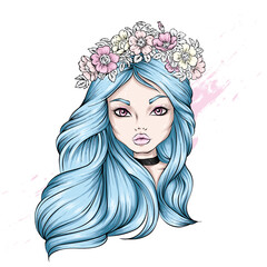 Beautiful girl in a wreath. Fashion, style, clothing and accessories. Vector illustration for a postcard, print on a poster.